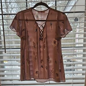 Buddy Love Feather Print Sheer Blouse in Brown and Black